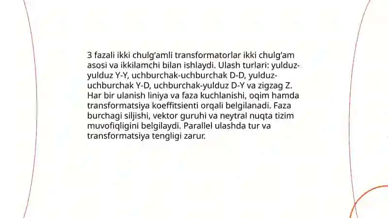 Uch fazali ikki chulgʻamli transfomatorlar chulgʻamlarining ulanish va transformatsiya koeffisiyentlari 3