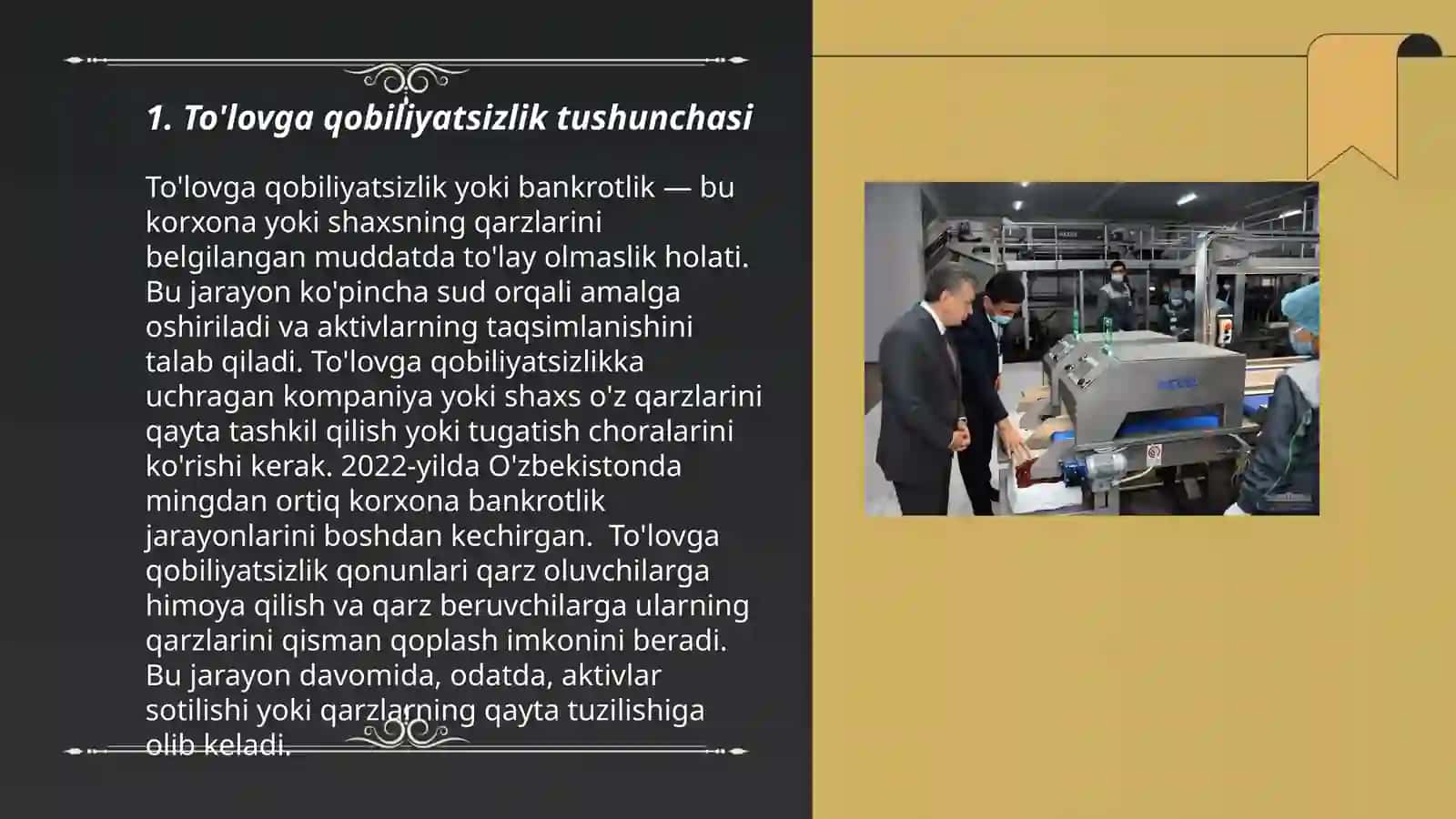 Tadbirkorlik subyektlarini tugatish. To'lovga qobiliyatsizlikni huquqiy tartibga solish 3