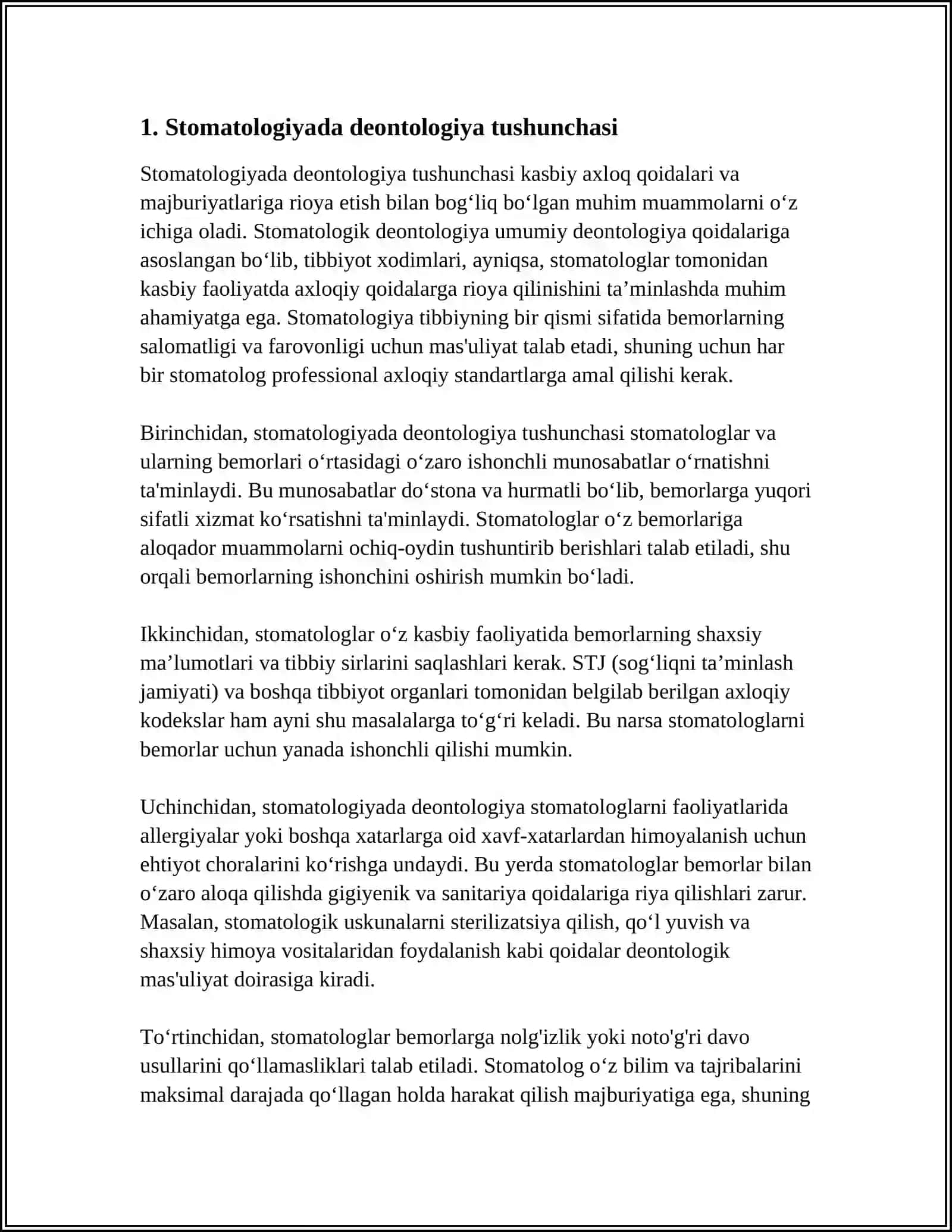 STOMATOLOGIYADA DEONTOLOGIYA VA TIBBIY ETIKA.XALQARO TIBBIY ETIKA KODEKSI.TIBBIYOT XODIMLARI VA BEMORLAR ÒRTASIDAGI MUNOSABATLARNING XUSUSIYATLARI 3