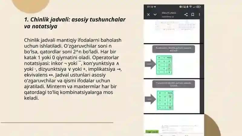 Chinlik jadvali yordamida dizyunktiv va konyunktiv normal shaklga keltirish 3
