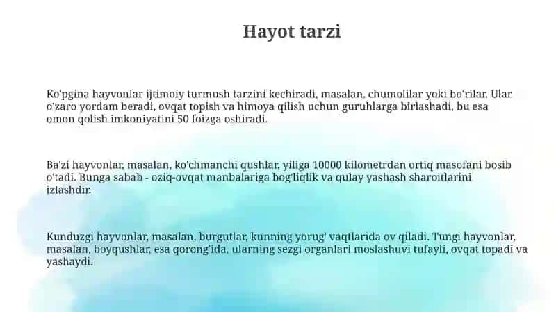 Hayvonot olamining yashash tarzi, ko‘payshi va tarqalishi va turlari 3