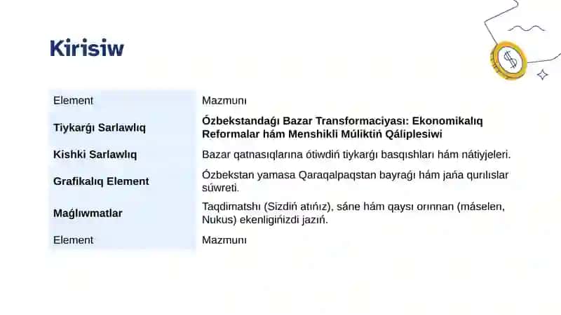 Ekonomikalıq reformalar, jeke menshik múlktiń qáliplesiwi. Ózbekistanda bazar qatnasıqlarınıń rawajlanıwı. 3