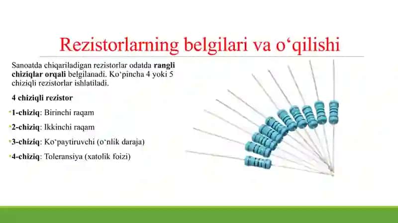SANOATDA CHIQARILAYOTGAN REZISTRLAR BELGILARINI O'QISH. SANOATDA CHIQARILAYOTGAN REZISTRLAR QIYMATINI XATOLIKLARI. REZISTOR PARALEL VA KETMA-KET ULANGANDAGI TENGLAMALARI 3