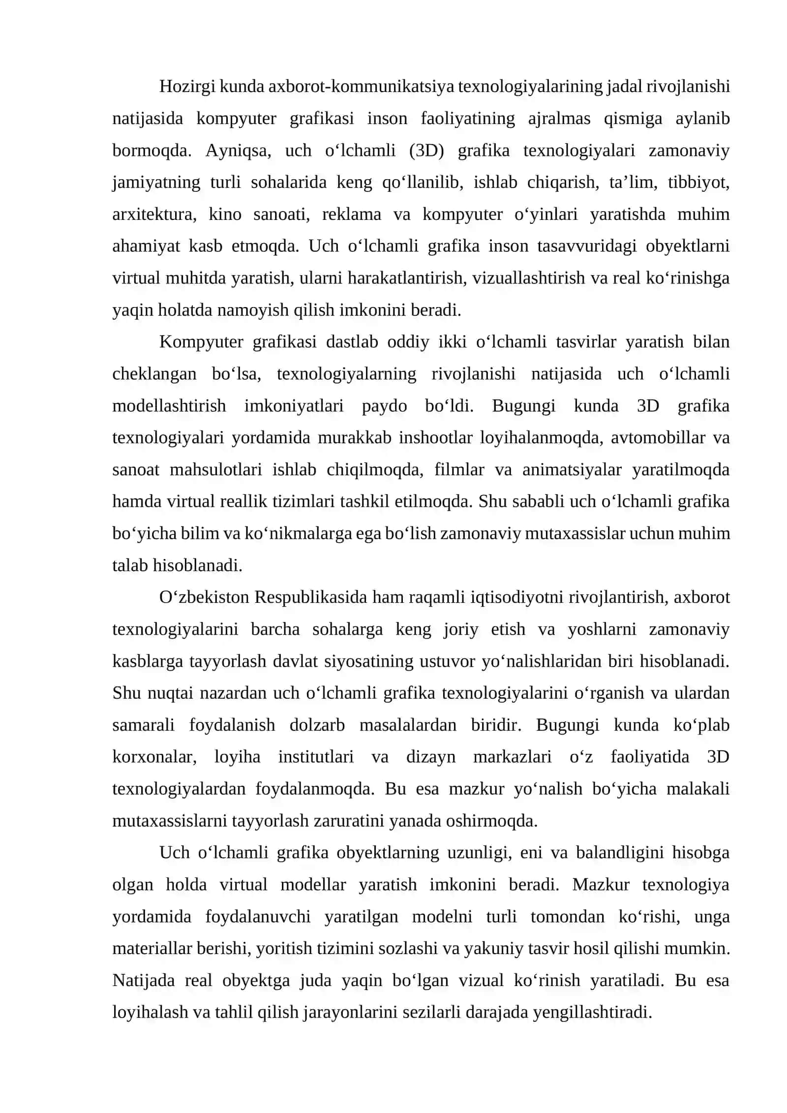 Uch o‘lchamli grafika tushunchasi, turlari ishlatish sohalarini bilish 3
