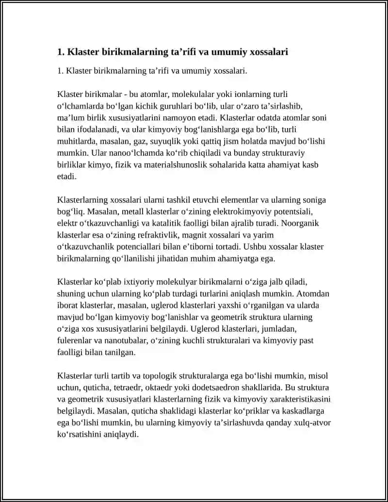 Klaster birikmalar. Ularning tuzilishi va xossalari 3