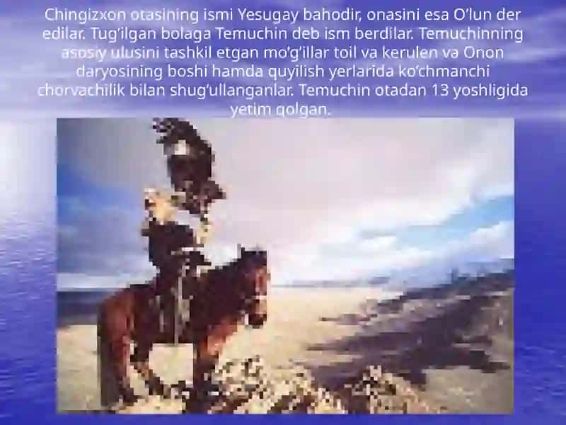 XIII – ASRNING BOSHI  - XIV ASRNING I – YARMI CHINGIZXON BOSHLIQ MO’GI’L DAVLATINING TASHKIL TOPISHI 3