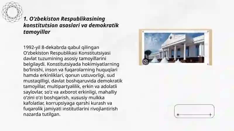 Oʻzbekistonda demokratik, fuqarolik jamiyati asoslarining shakllanishi, amalga oshirilgan siyosiy islohotlar 3