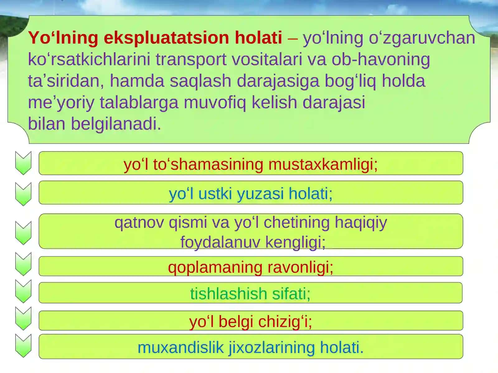 Avtomobil yoʻllarining holatini va transport-foydalanish koʻrsatkichlarini baholash 3