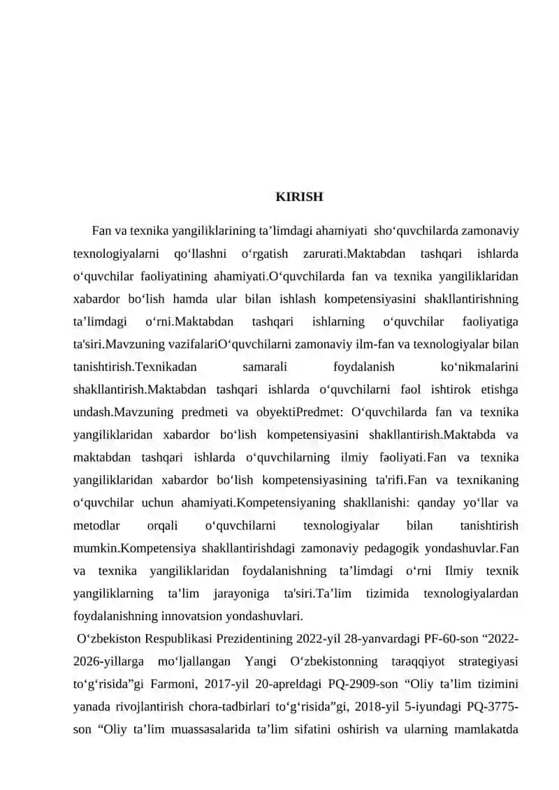 FAN VA TEXNIKA YANGILIKLARIDAN XABARDOR BO‘LISH HAMDA FOYDALANISH KOMPETENSIYASINING TA’LIM –TARBIYADAGI O‘RNISINF VA MAKTABDAN TASHQARI ISHLARNING O‘QUVCHILAR FAOLIYATIDAGI O‘RNI 3