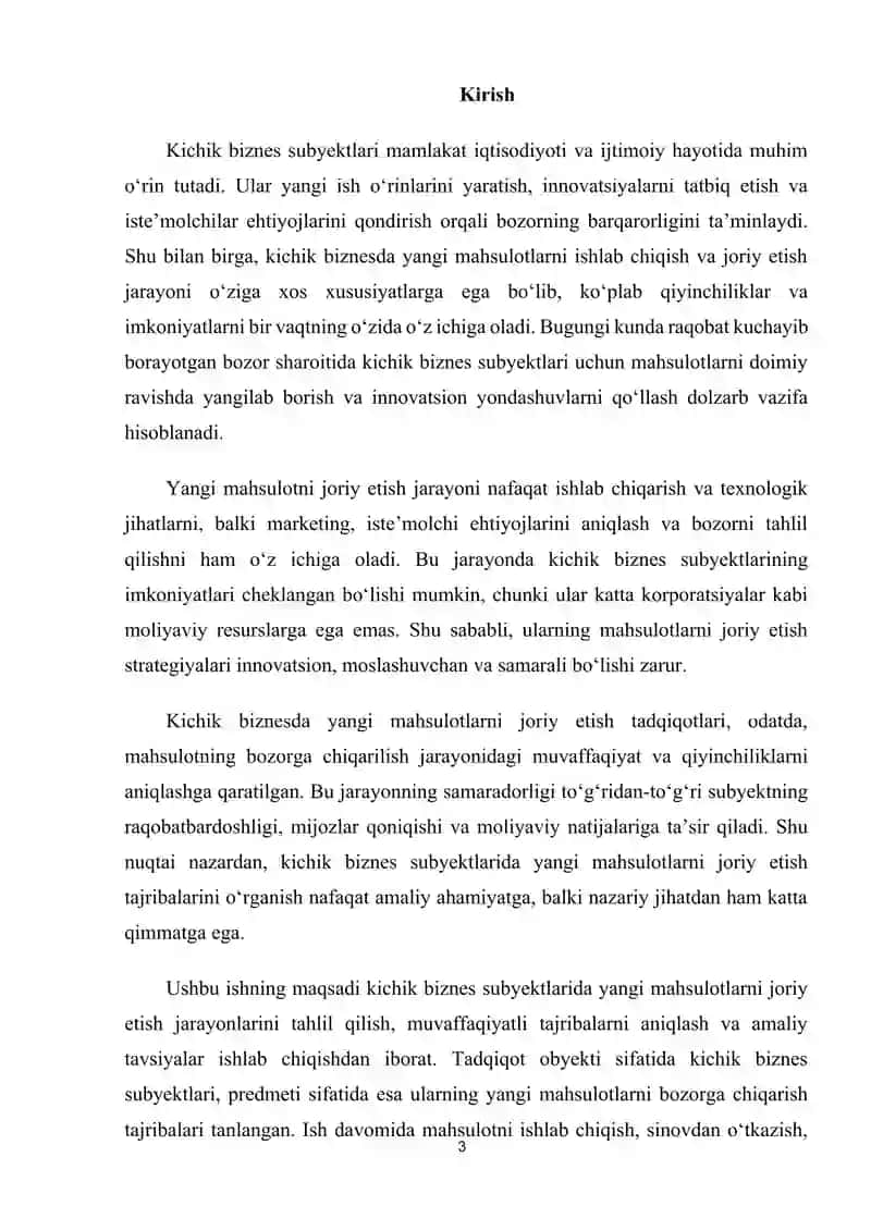 Kichik biznes subyektlarida yangi mahsulotlarni joriy etish tajribalari 3