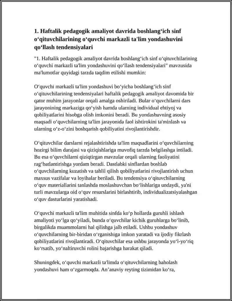 HAFTALIK PEDAGOGIK AMALIYOT DAVRIDA BOSHLANĜICH SINF OʻQITUVCHILARINING TA'LIM TENDENSIYALARINI OʻRGANISH 3