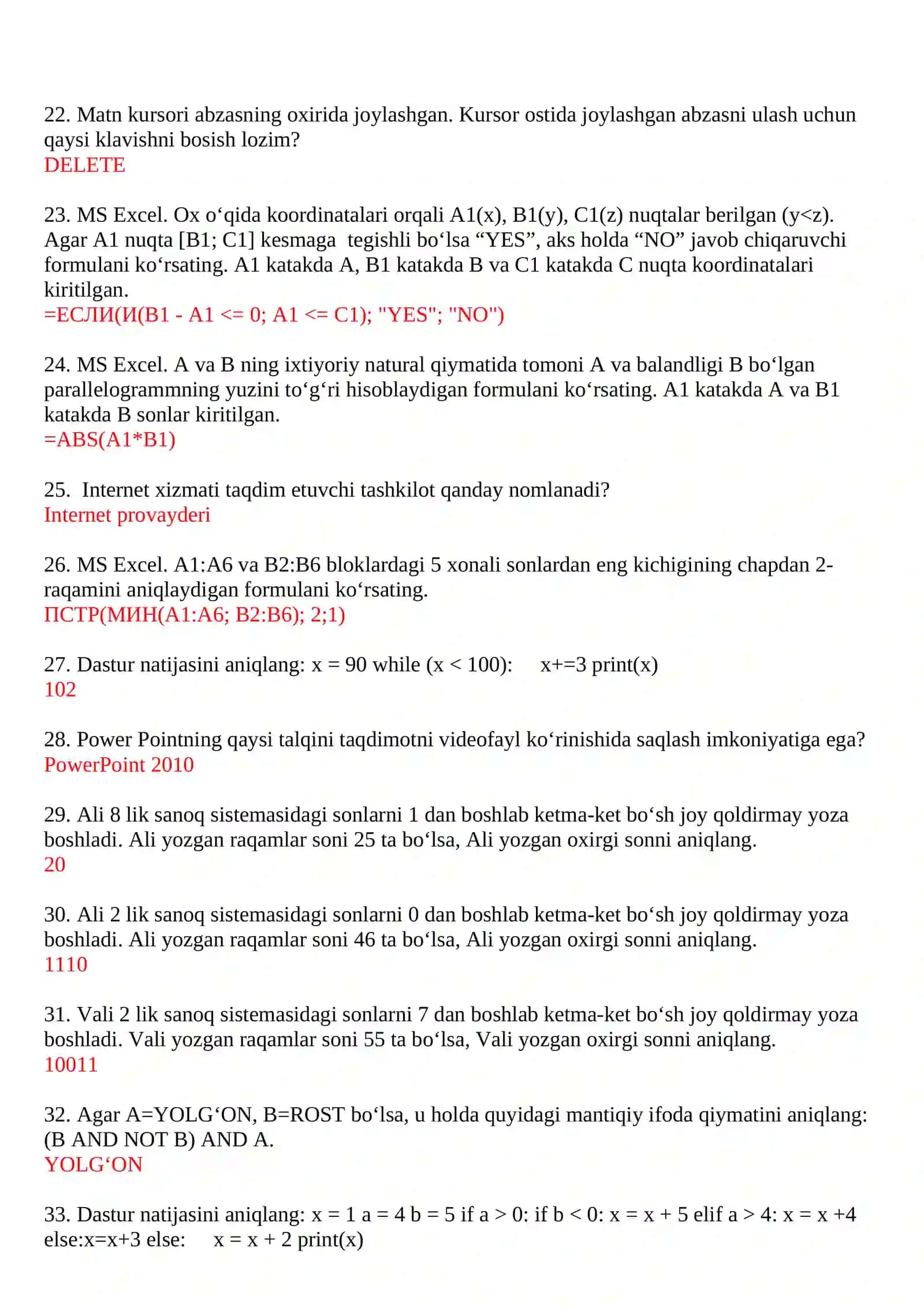 MS Excel. A1=4, B1=5, C1=6 uchlik qiymatlari va A1=100, B1=500, C1=1000 uchlik qiymatlari uchun natijasi o‘zgarmaydigan formlani aniqlang 3
