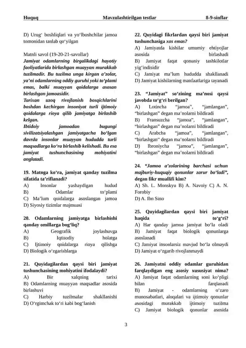 8-sinf Davlat va huquq asoslari fanidan mavzulashtirilgan test 3
