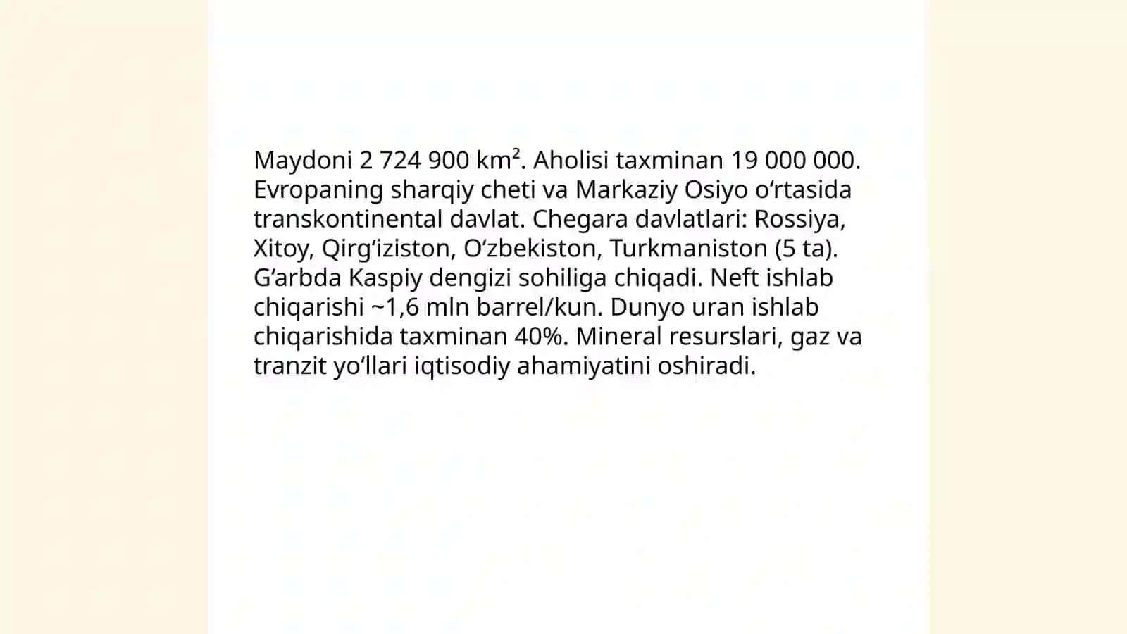 Qozog'iston respublikasi iqtisodiyoti joylashuvi YAIM va aholisi haqida 3