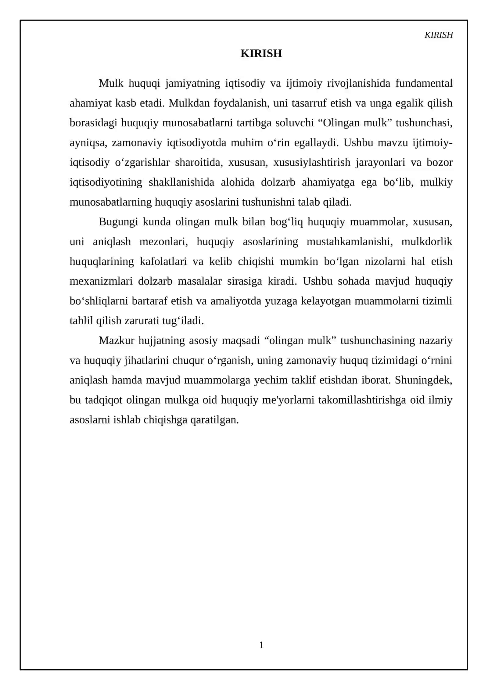 Kurs ishi Mavzu: Tekinga olingan mulk 3