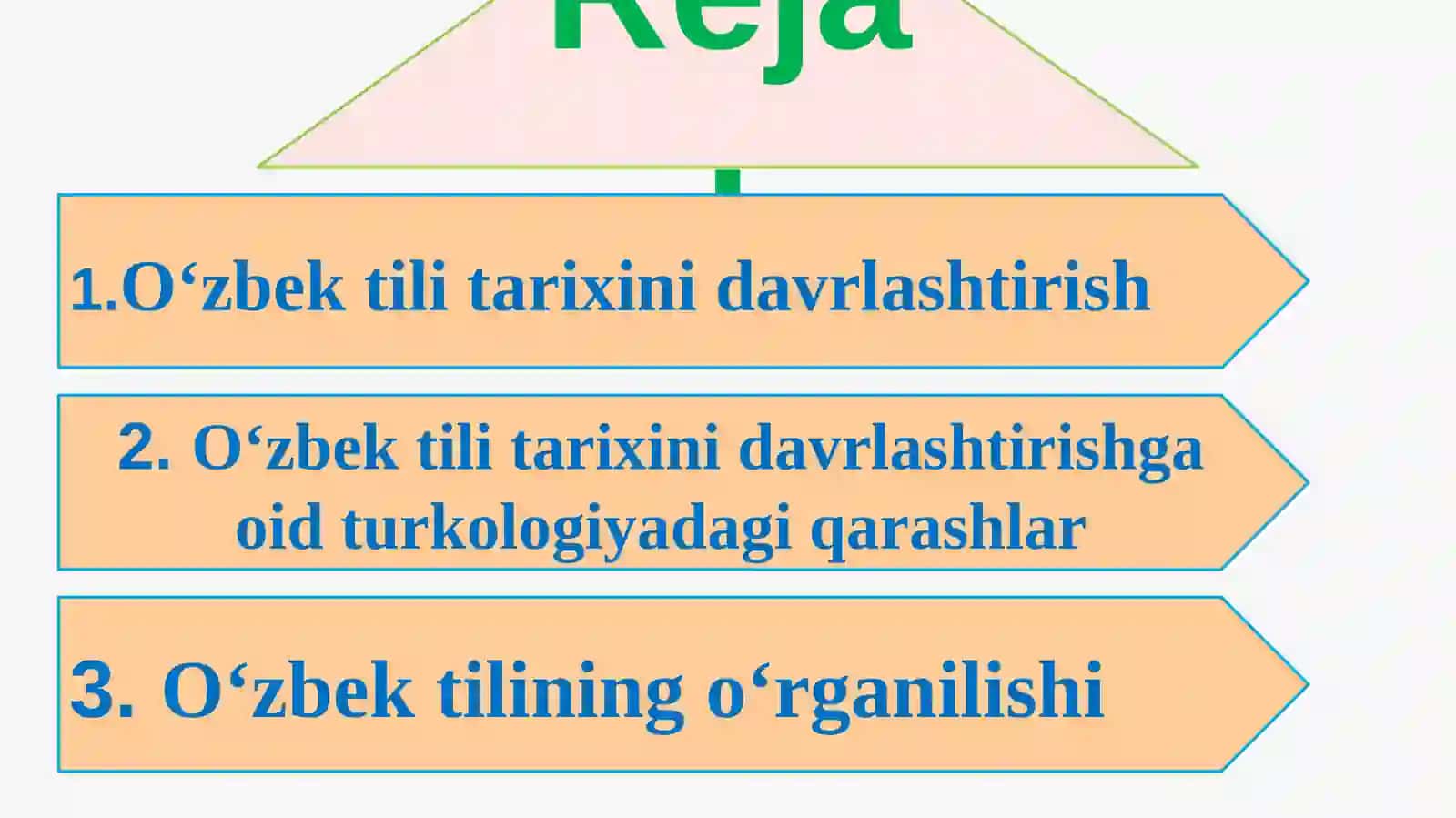O‘zbek tili tarixini davrlashtirishga oid turkologiyadagi qarashlar. O‘zbek tilining o‘rganilishi. 3