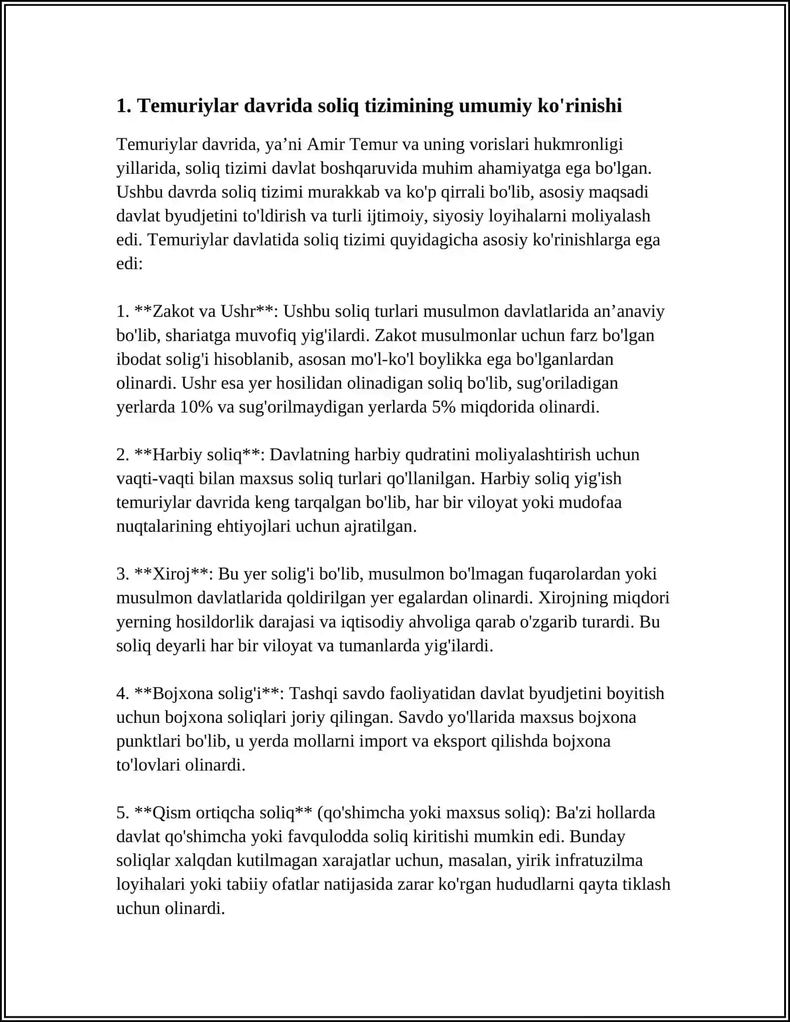 TEMURIYLAR DAVRIDA SOLIQ SIYOSATINING JAMIYAT HAYOTIGA TAʼSIRI REFERAT 3
