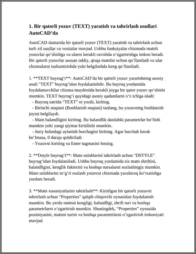 BIR VA KOʻP QATORLI YOZUVLARNI CHIZMADA BAJARISH VA ULARNI OʻZGARTIRISH IMKONIYATLARI AUTOCAD DASTURIDA OʻLCHAM QOʻYISH IMKONIYATLARI 3