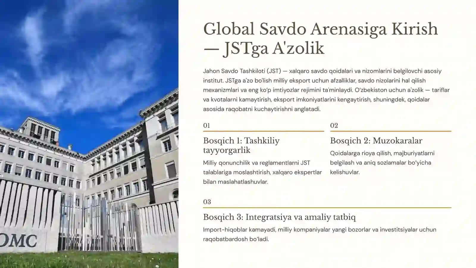 O‘zbekistonning Jahon Xo‘jaligiga Integratsiyalashuvi: Imkoniyatlar va Strategiyalar (Tayyor Mustaqil Ta'lim / PPTX + Nutq matni) 3