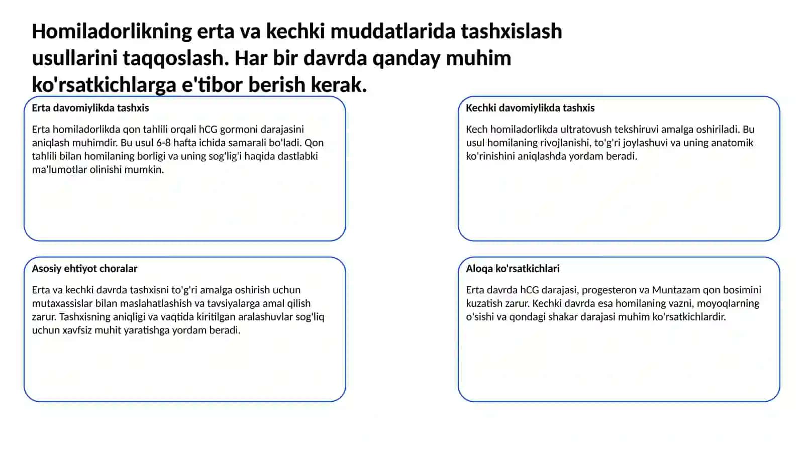 Homiladorlarni tekshirish usullari. Homiladorlik erta va kechki muddatlarda tashxislash. Antinatal kuzatishning zamonaviy konsepsiyasi. Homila ahvolini baholash. Homiladorlar uy kartasi. Onalar maktabi. 137-sonli buyruq bilan tanishuv. 3