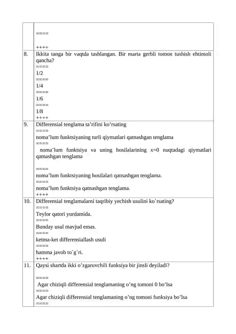 Ehtimollik formulalari va differensial tenglamalar bo'yicha test savollari 3