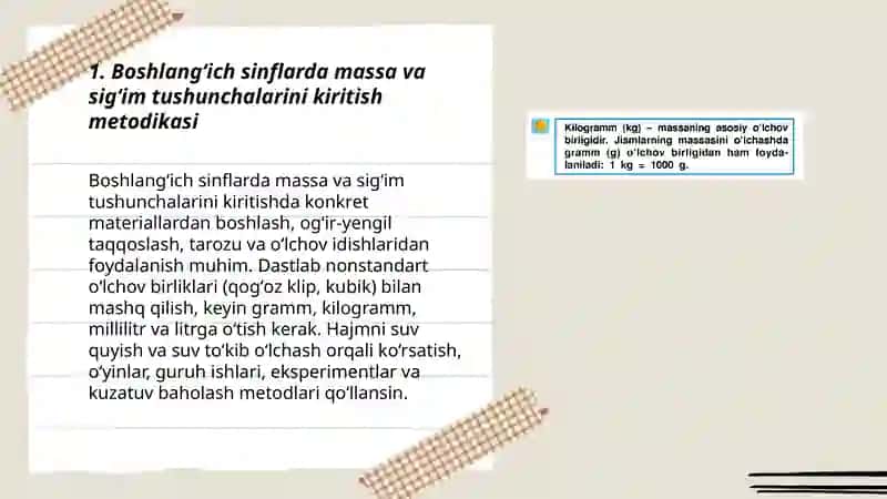 Boshlangʻich sinflarda massa va sigʻim oʻlchov birliklarini orgatish metodikasi 3