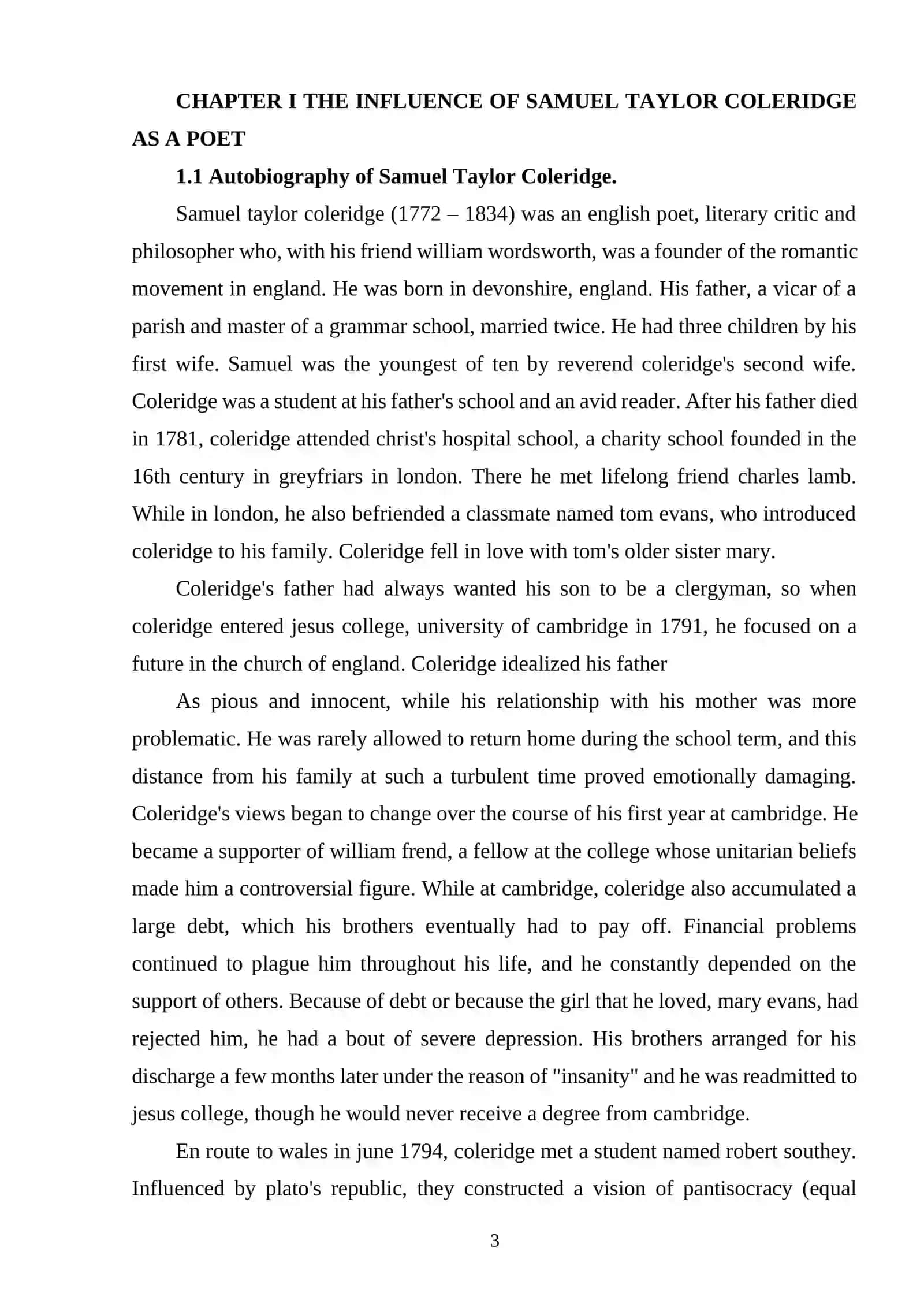 THE INFLUENCE OF SAMUEL TAYLOR COLERIDGE AS A POET 3