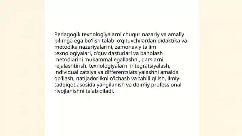 Pedagogik texnologiyani qollash jarayonida o'qituvchilarga qoyiladigan talablar 3