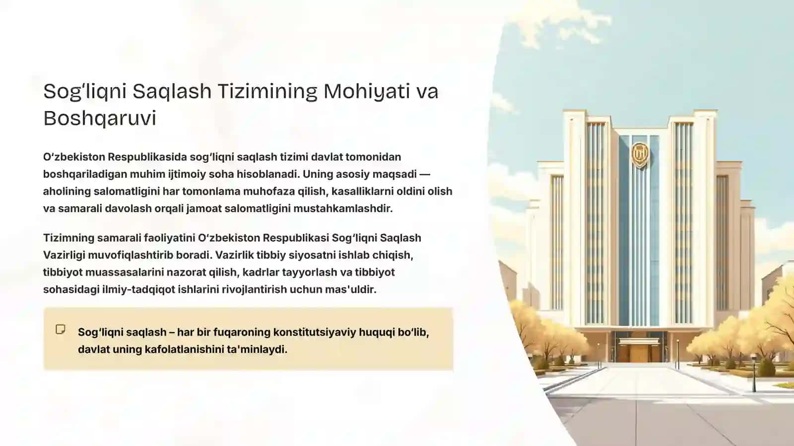 O‘zbekiston Respublikasida Sog‘liqni Saqlash Tizimi: Tuzilishi va Rivojlanish Bosqichlari 3