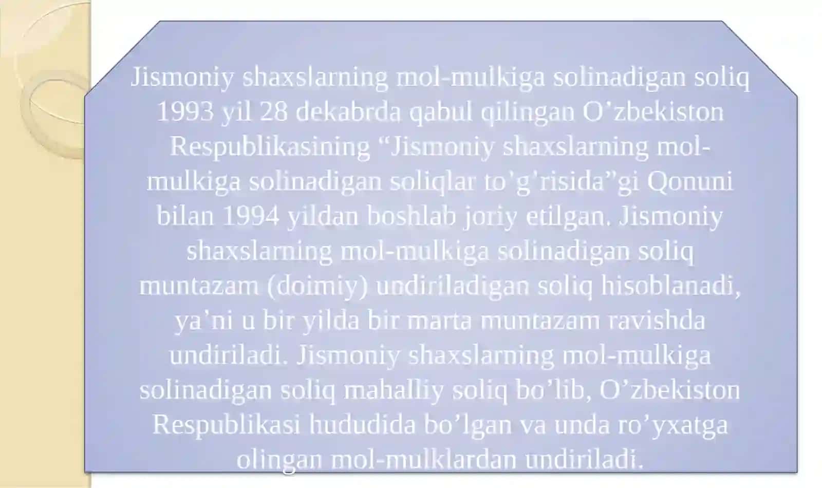 Jismoniy shaxslardan olinadigan mol-mulk solig’i "Soliqqa tortish" fani 3