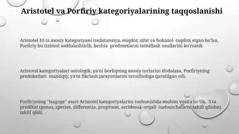 Aristotel,Forobiy va Kant ontologiyasida kategoriyalarning tasnifi 3