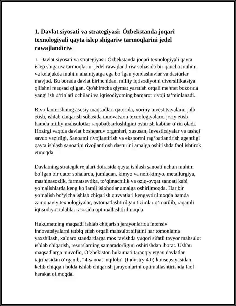 Ózbekstanda Joqari Texnologiyali Qayta Islep Shigariw Tarmaqlarini Jedel Rawajlandirish 3