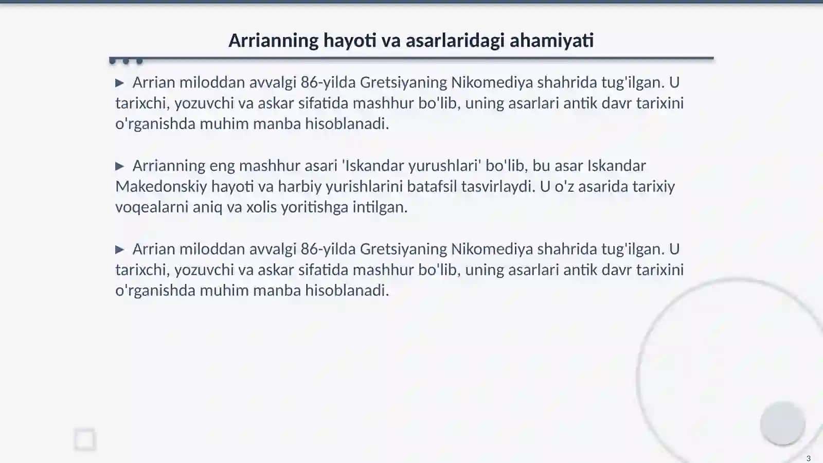 Arrianning “Iskandar yurushlari” asarisini o‘rganish va uning asosida Markaziy Osiyo tarixiga oid ma’lumotnoma tayyorlash 3