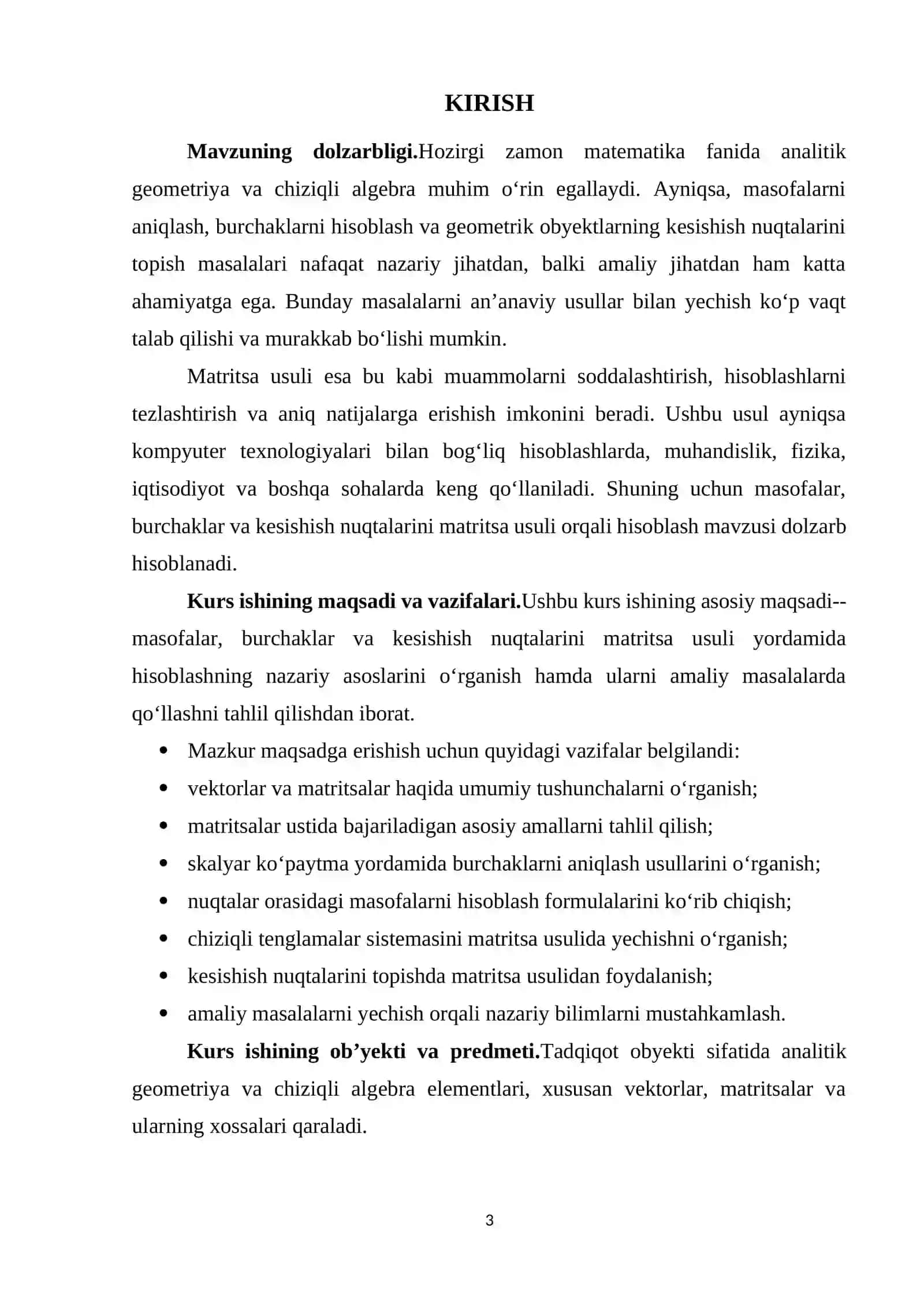 Masofalar, burchaklar, kesishish nuqtalarini matritsa usuli orqali hisoblash 3