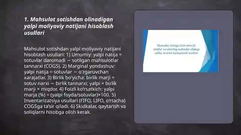 Mahsulot sotishdan ko‘rilgan yalpi moliyaviynatija va unga ta’sir etuvchi omillarning tahlili 3