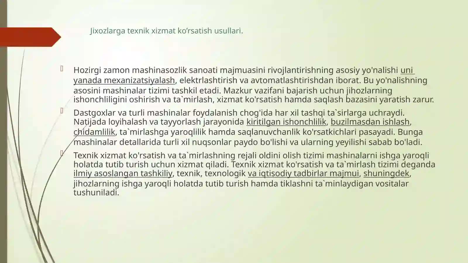 Texnologik jixozlar nita’mirlash va texnik xizmat ko’rsatish fanidant tag’dimot loyihasi 3