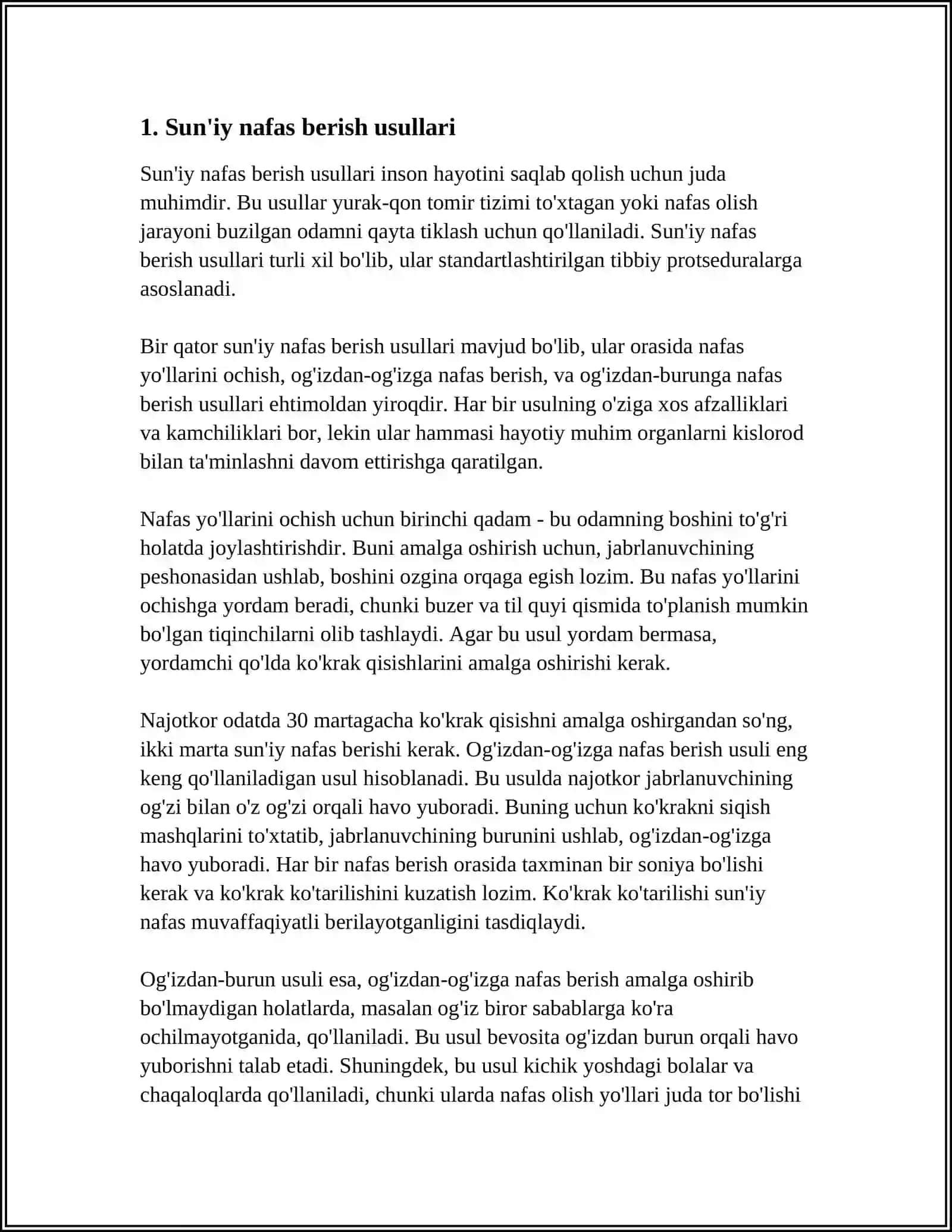SUN’IY NAFAS BERISH VA YURAKNI MASSAJ QILISH (BIRINCHI YORDAM BERISH) USULLARINI O’RGANISH 3