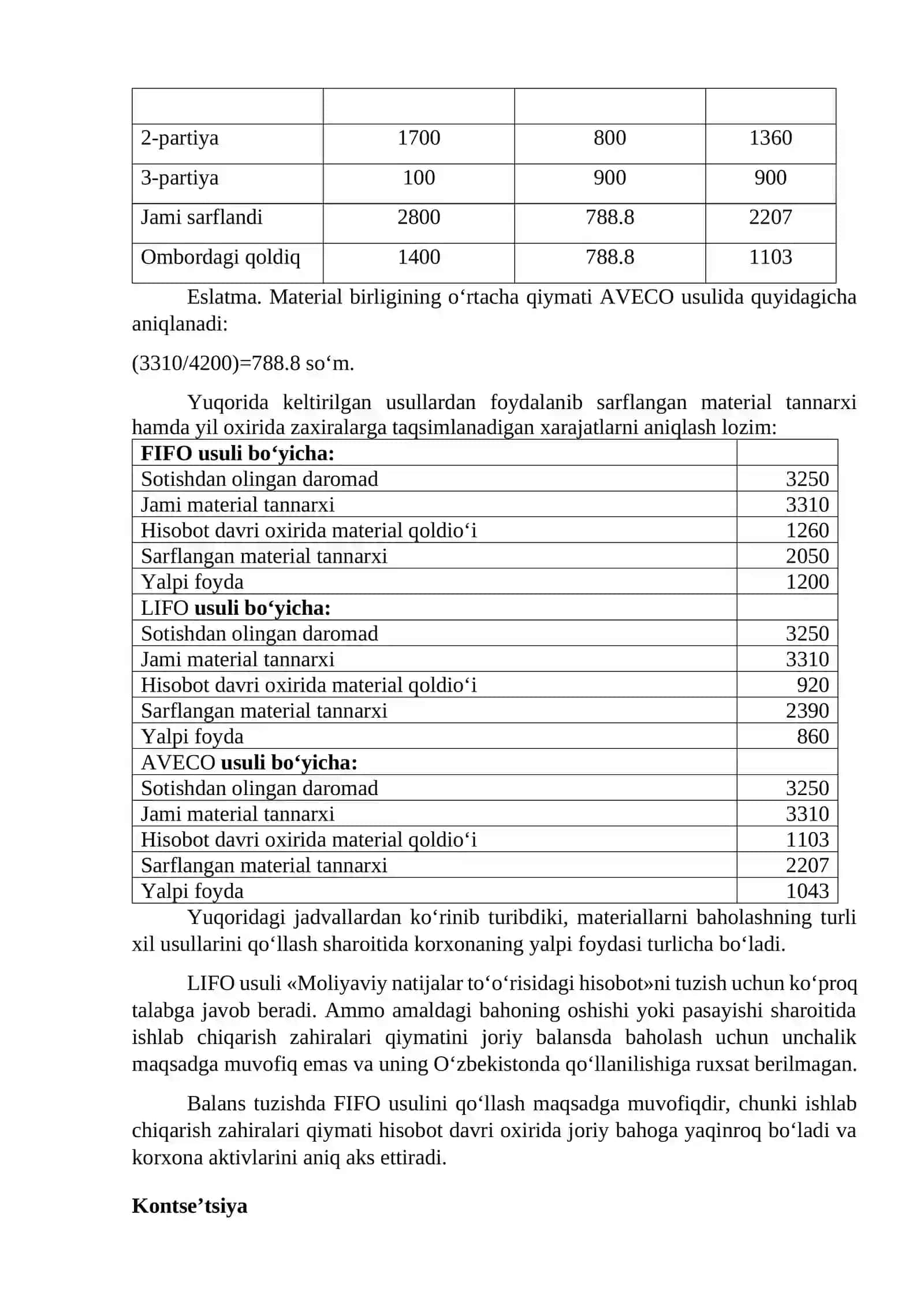 Materiallarni FIFO, AVEKO, donalab baxolash va boshqa usullarda baxolash 3
