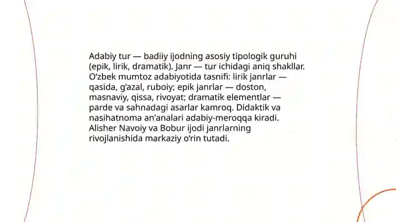 Adabiy tur va janrlar.O‘zbek mumtoz adabiyoti namunalari misolida Kulmanova Komila 3