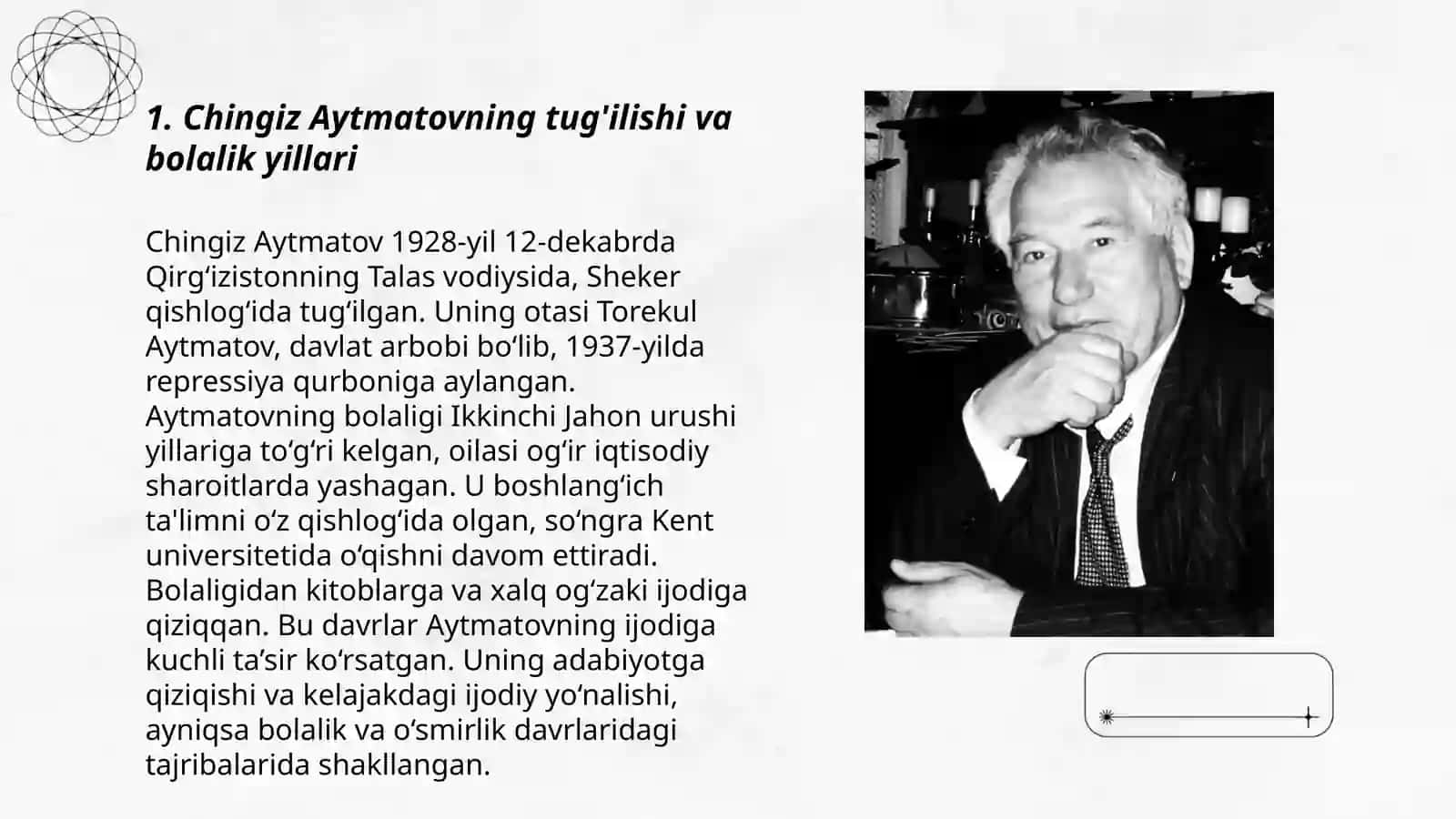 Chingiz Aytmatovning hayoti va asrga tatigulik kun asari haqida 3