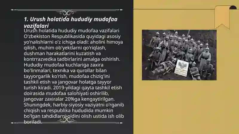 Urush holati hududiy mudofaa xalqaro hamkorlik Oʻzbekiston Respublikasining Mudofaa Dakrinasining umumiy qoidalari harbiy harbiy siyosiy jinoyatlari 3