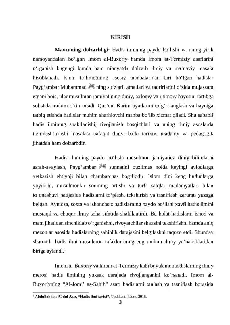 Hadis ilmining paydo bo'lishi. Al-Buxoriy, At-Termiziy asarlari (KURS ISHI) 3