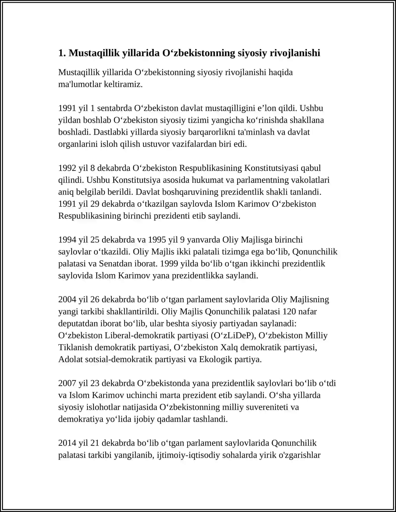 OʻZBEKISTONNING OʻZIGA XOS ISTIQLOL VA TARAQQIYOT YOʻLI. TARAQQIYOTNING "OʻZBEK MODELI " VA UNING OʻZIGA XOS XUSUSIYATLARI 3