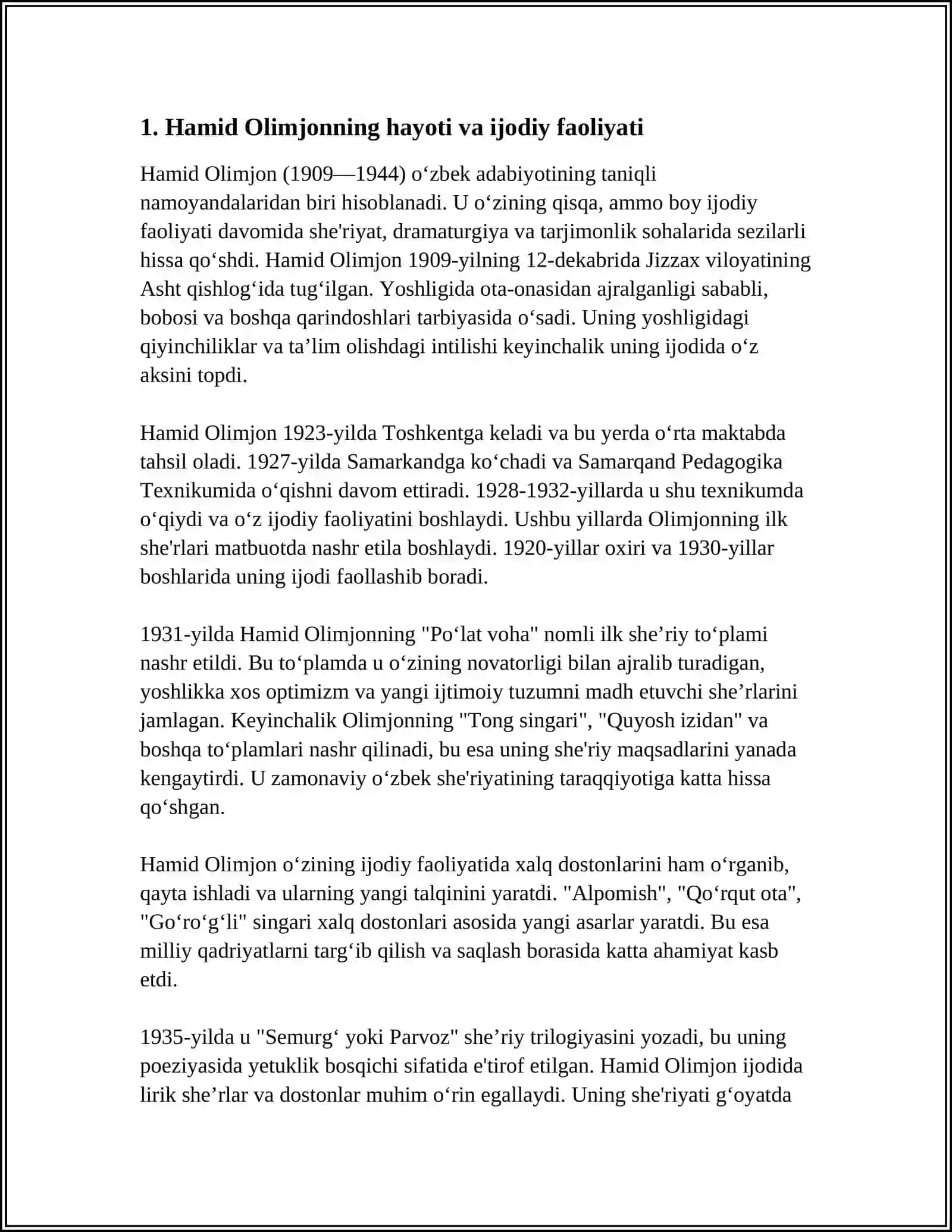 MUSTAQIL ISH Mavzu: HAMID OLIMJON IJODINING ADABIYOTSHUNOSLIKDAGI TALQINI 3