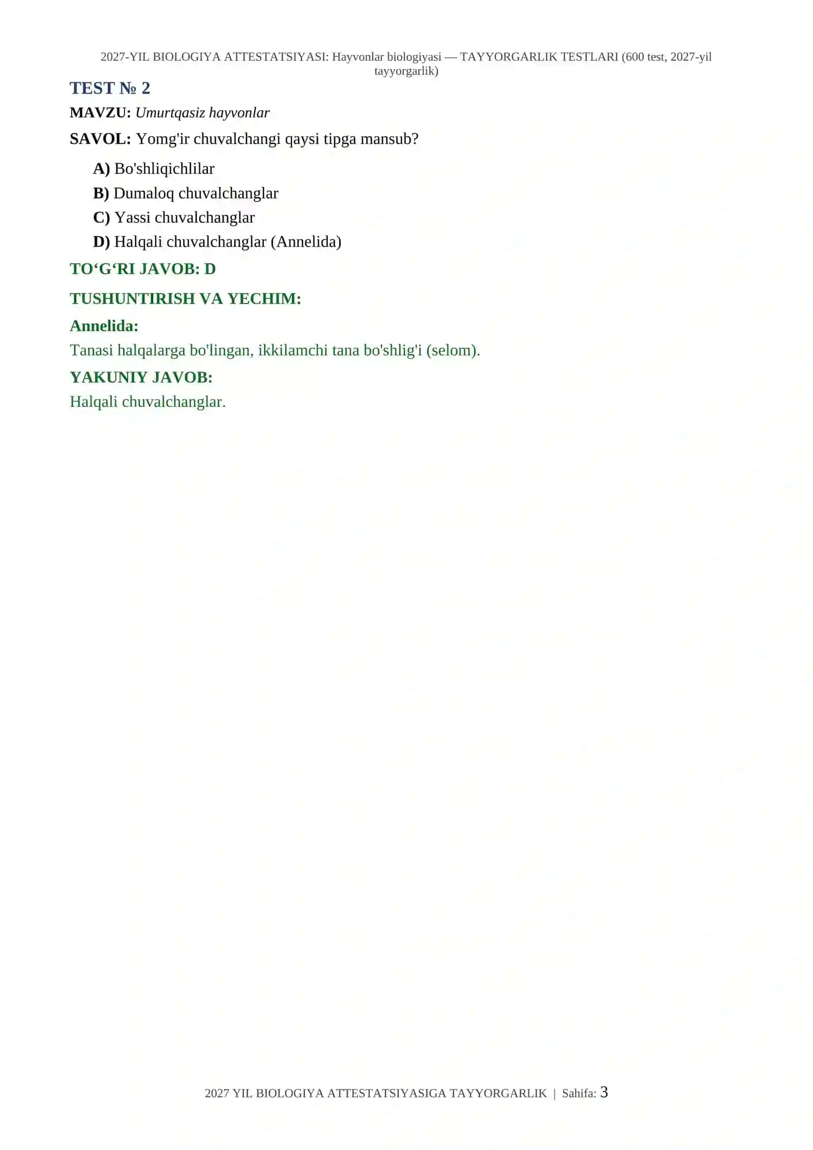 2027-YIL BIOLOGIYA ATTESTATSIYASI: Hayvonlar biologiyasi — TAYYORGARLIK TESTLARI (600 test, 2027-yil tayyorgarlik) 3