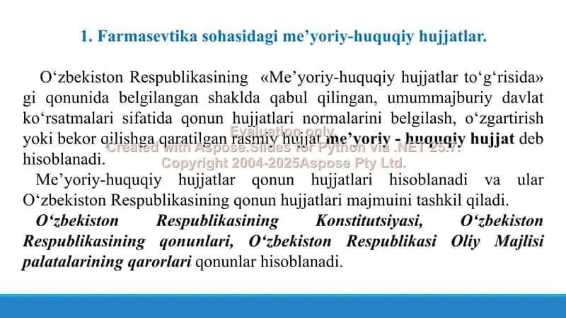 Farmasevtika sohasini takomillashtirishda qonun osti hujjatlari, ularning o‘rni va ahamiyati. Taqdimot 12 bet. 3