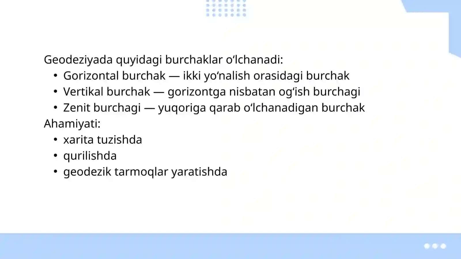 Burchak o'lchash usullari.Teodolitni tekshirish va sozlash 3
