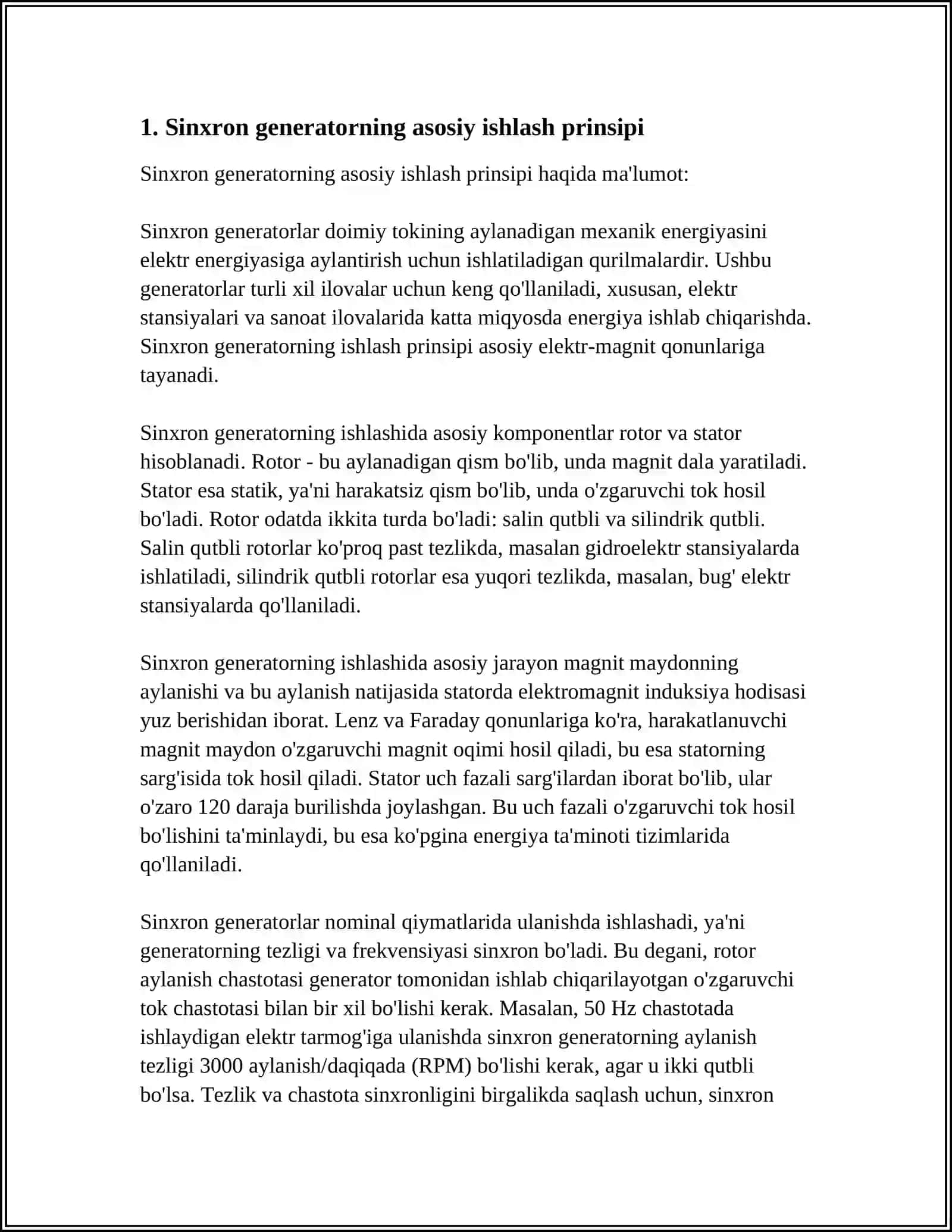 SINXRON GENERATORNING SIMMETRIK YUKLAMA BILAN ISHLASHI VA YAKOR REAKSIYASI 3