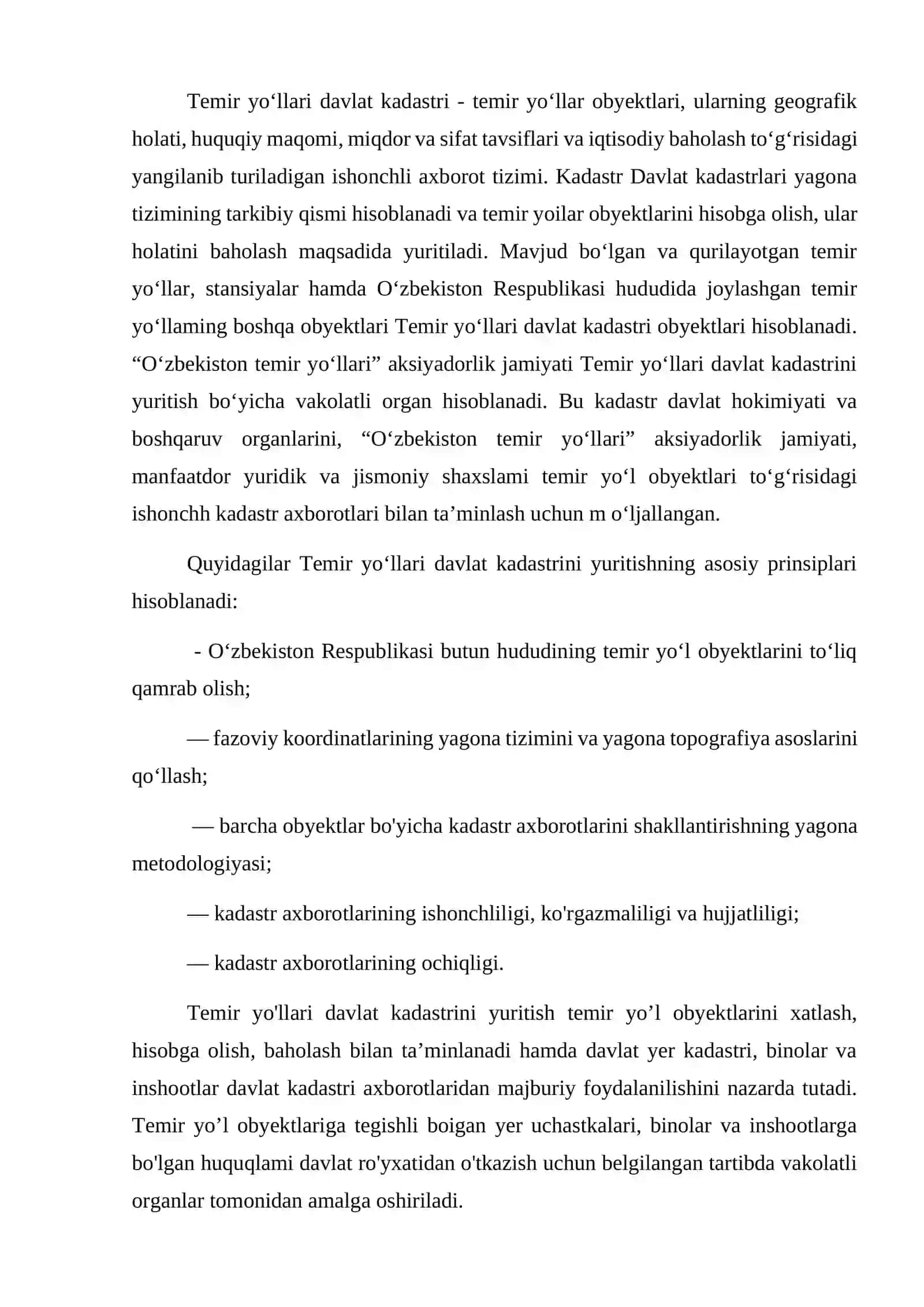 TEMIR YO’LLAR DAVLAT KADASTRINI YURITISHNING ASOSIY MAQSADI, VAZIFALARI VA TAMOYILLARI 3