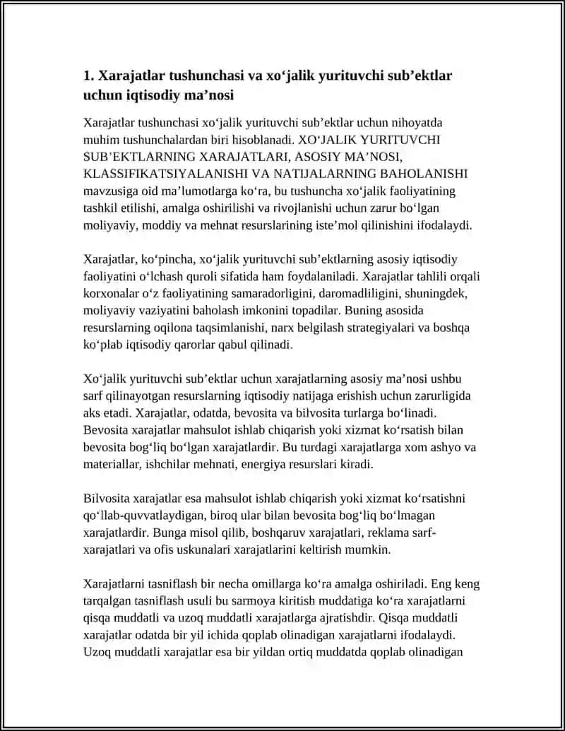 XOʻJALIK YURITUVCHI SUBʼEKTLARNING XARAJATLARI, ASOSIY MAʼNOSI, KLASSIFIKATSIYALANISHI VA NATIJALARNING BAHOLANISHI 3